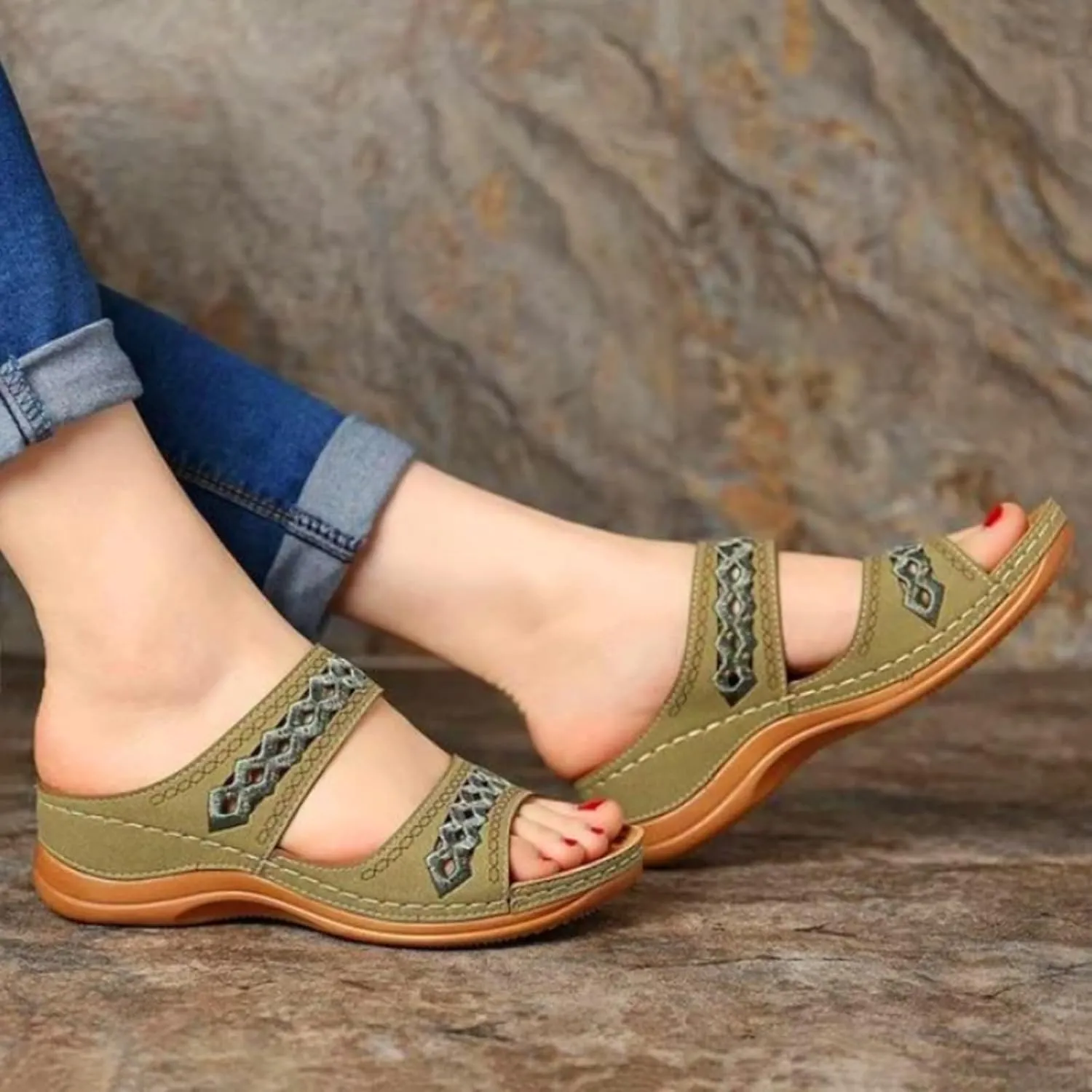 Wedge Sandals for Women Dressy Embroidered Orthopedic Sandals, Womens Summer Casual Slip On Platform Wedges Open Toe Two Band Breathable Walking Slippers
