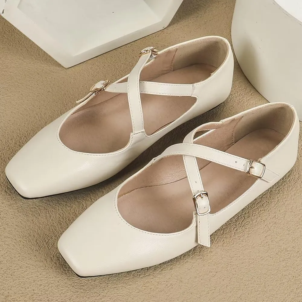 WENJIAZHIZHI Women's Mary Jane Flats Shoes Fashion Ankle Double Buckle Cross Strap Dressy Wedding Ballet Flat