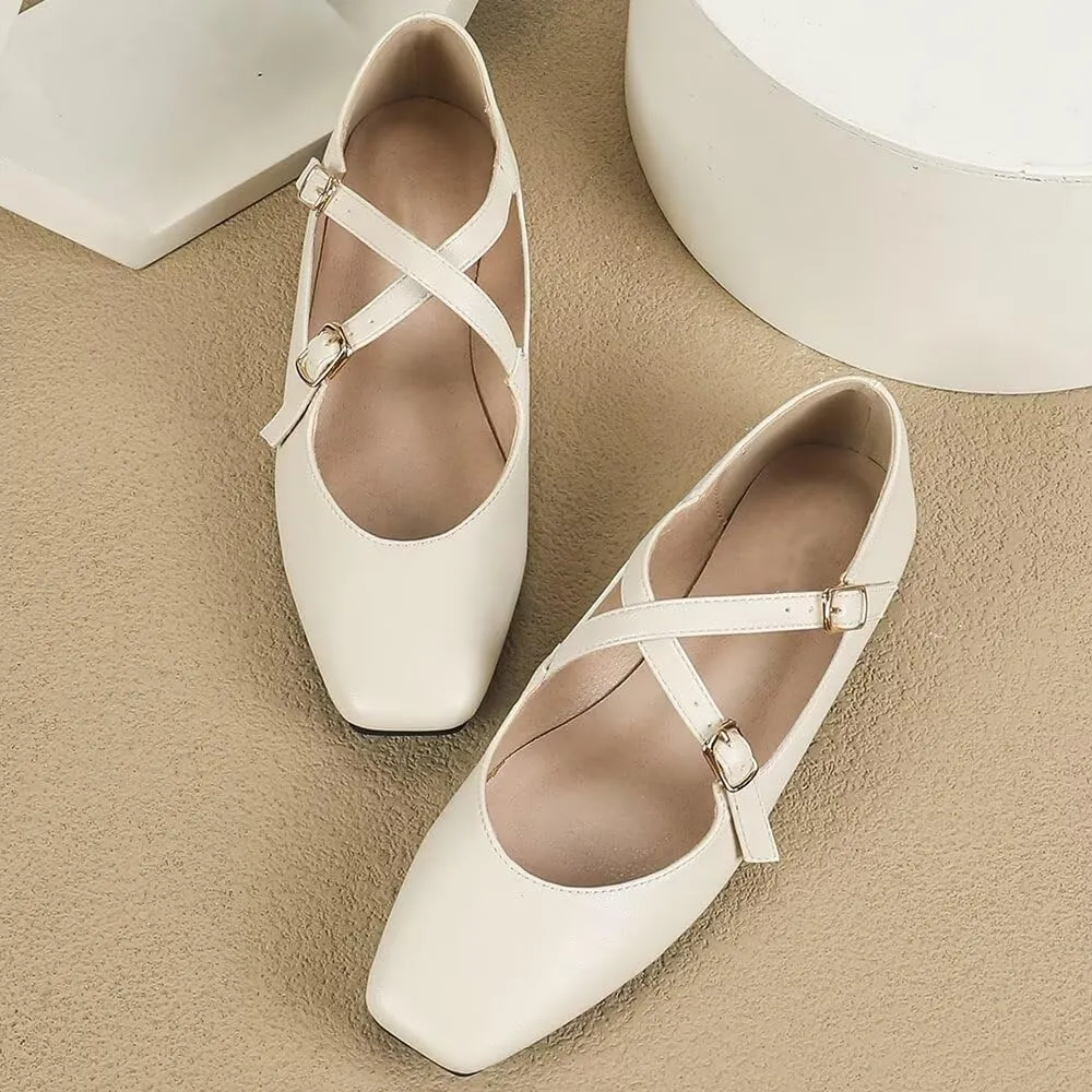 WENJIAZHIZHI Women's Mary Jane Flats Shoes Fashion Ankle Double Buckle Cross Strap Dressy Wedding Ballet Flat