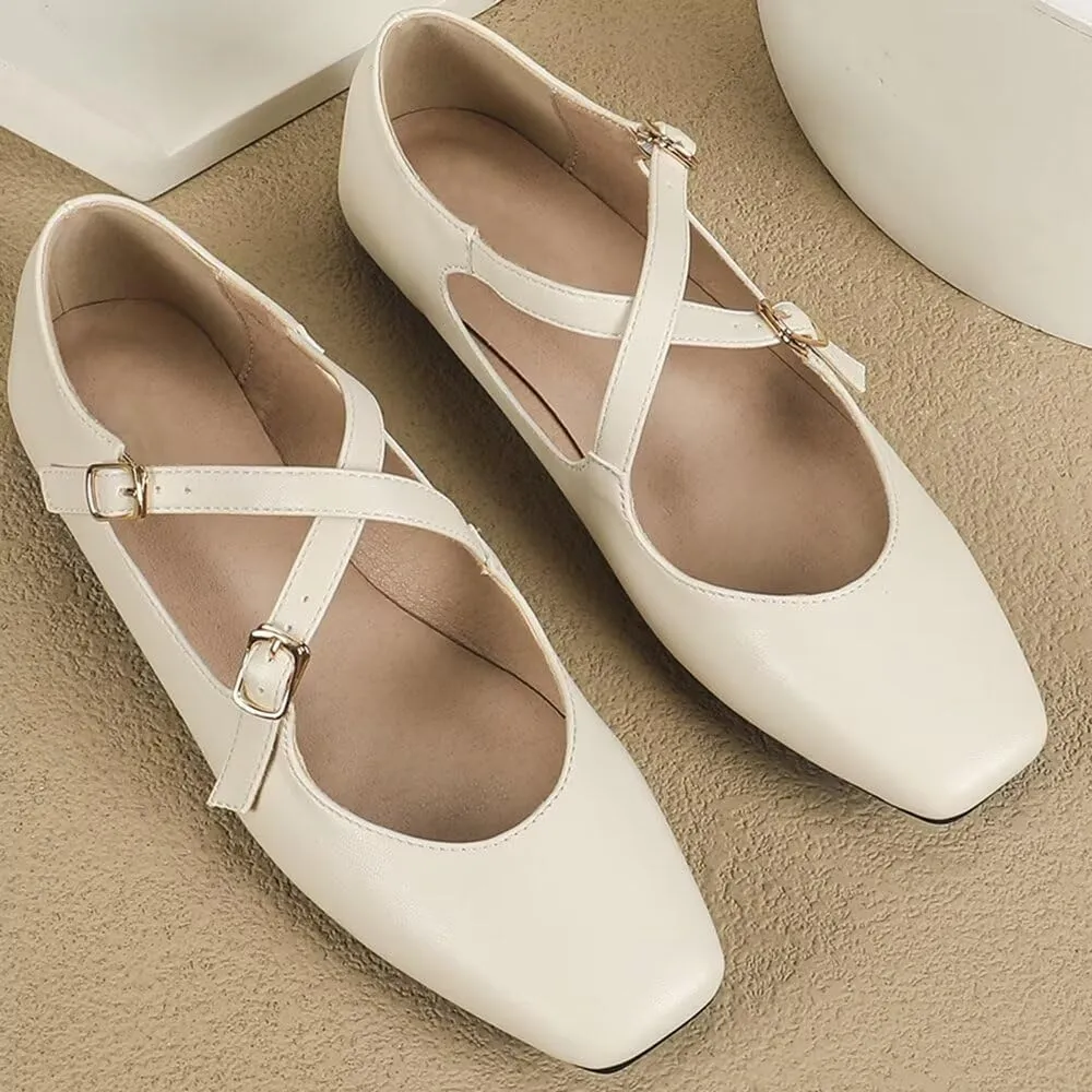 WENJIAZHIZHI Women's Mary Jane Flats Shoes Fashion Ankle Double Buckle Cross Strap Dressy Wedding Ballet Flat