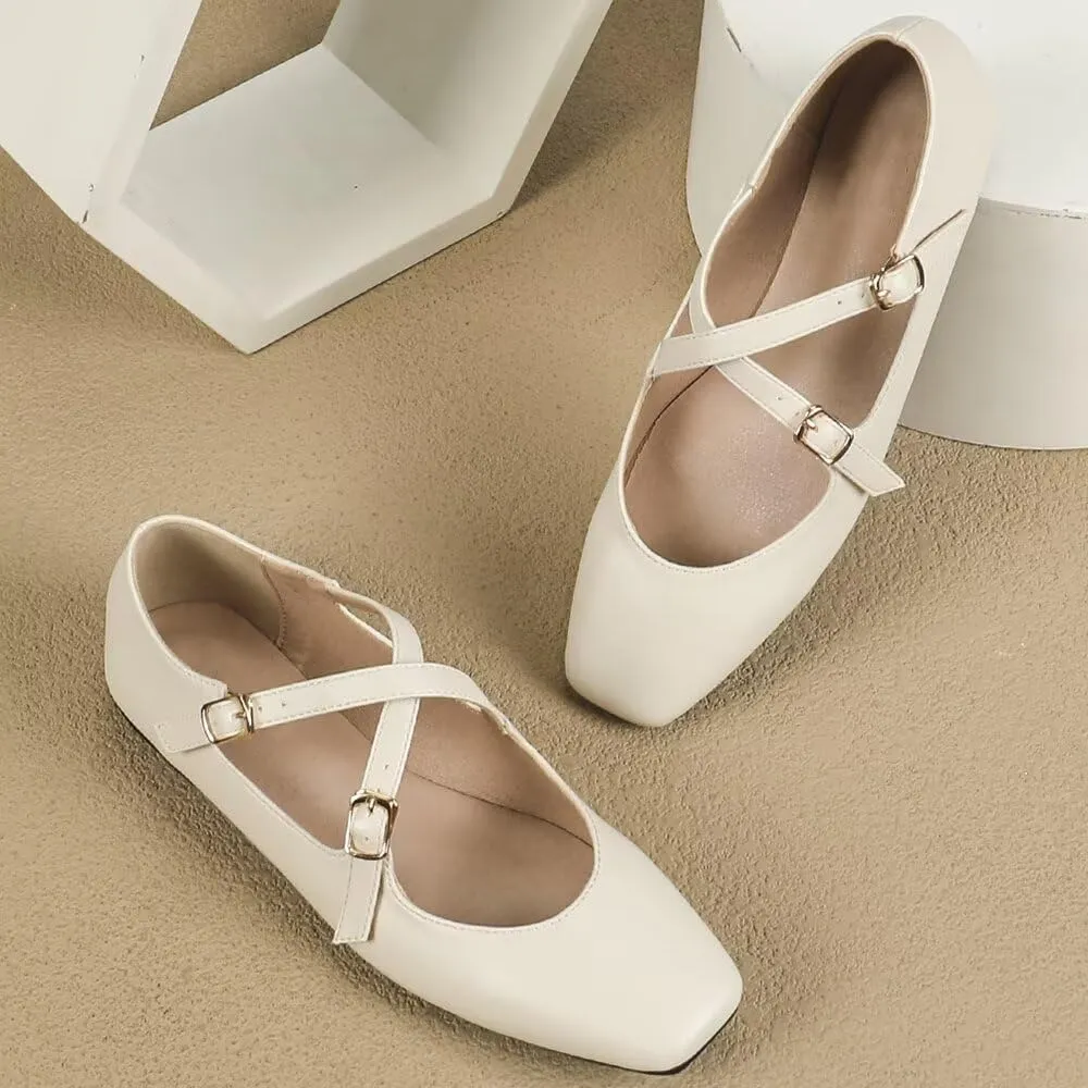 WENJIAZHIZHI Women's Mary Jane Flats Shoes Fashion Ankle Double Buckle Cross Strap Dressy Wedding Ballet Flat