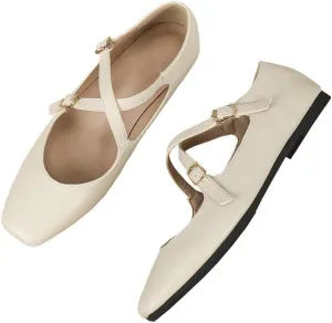 WENJIAZHIZHI Women's Mary Jane Flats Shoes Fashion Ankle Double Buckle Cross Strap Dressy Wedding Ballet Flat