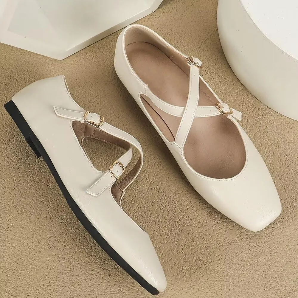 WENJIAZHIZHI Women's Mary Jane Flats Shoes Fashion Ankle Double Buckle Cross Strap Dressy Wedding Ballet Flat