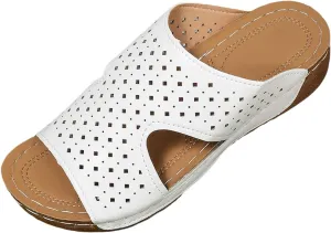 Wide Width Wedge Sandals for Women Orthopedic Peep Toe Hollow Slip On Slides Ladies Low Heel Comfy Cushioned Footbed Arch Support Slides Recovery Mules Casual Shoes for Outdoor Indoor Daily Wear