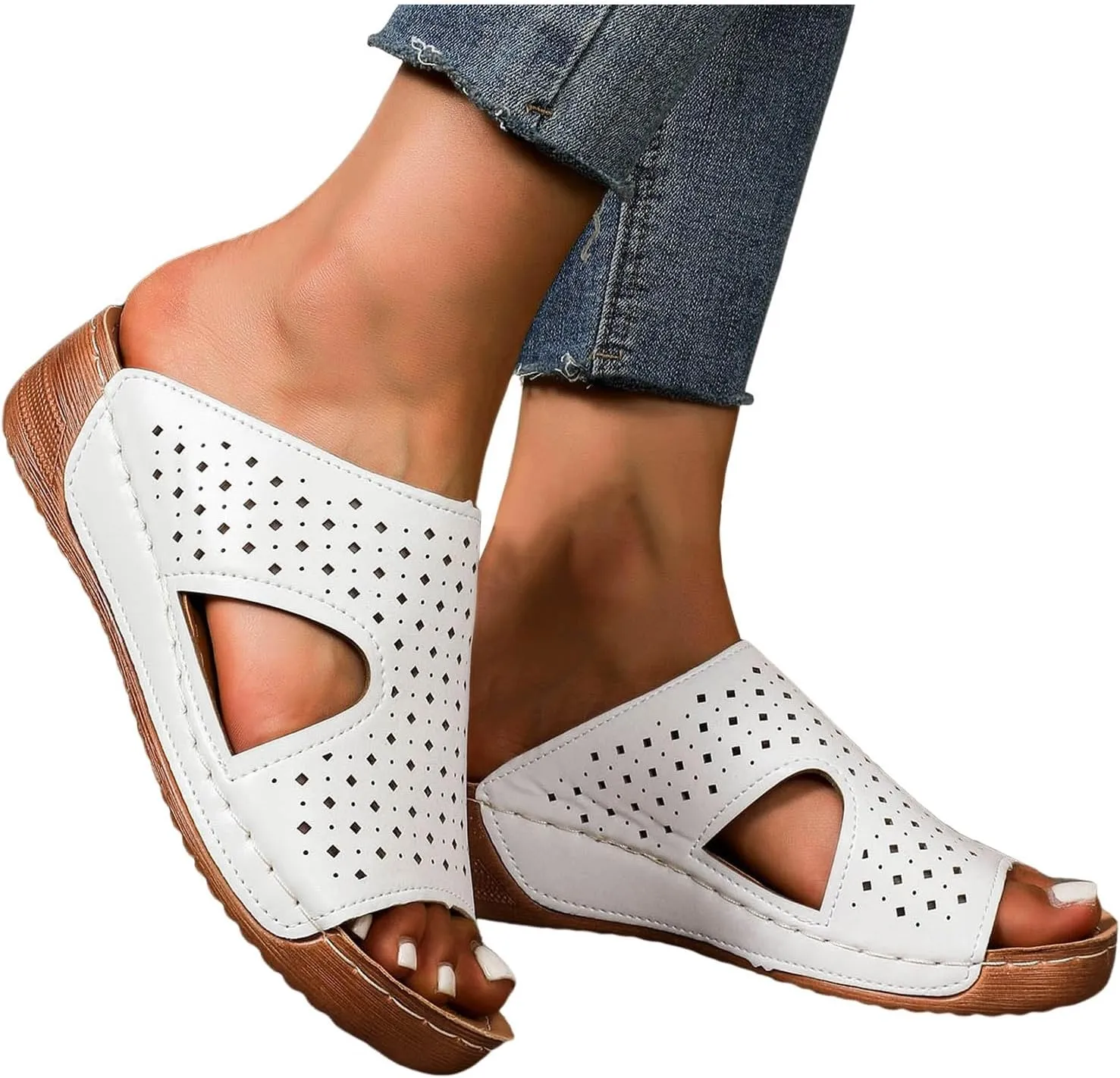 Wide Width Wedge Sandals for Women Orthopedic Peep Toe Hollow Slip On Slides Ladies Low Heel Comfy Cushioned Footbed Arch Support Slides Recovery Mules Casual Shoes for Outdoor Indoor Daily Wear