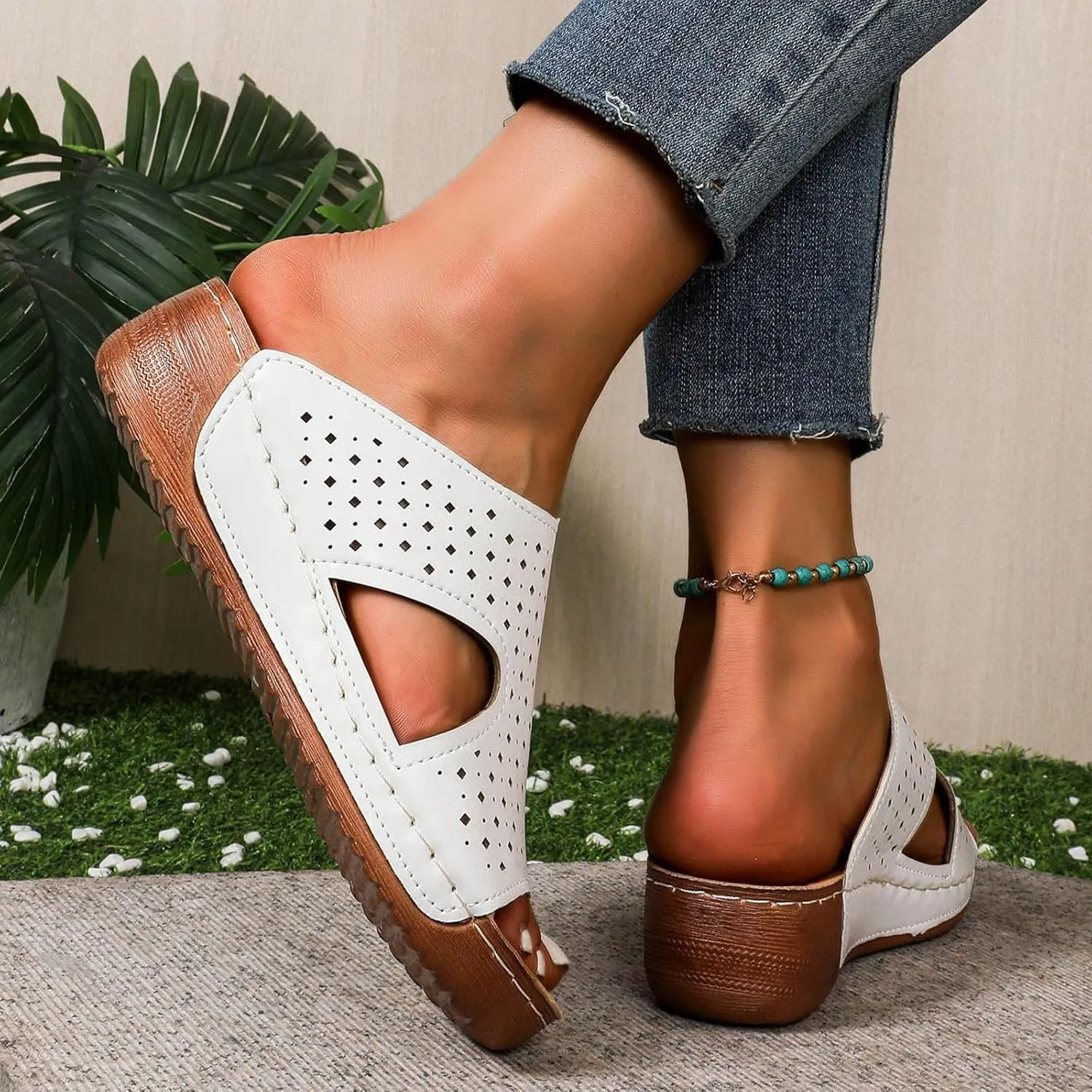 Wide Width Wedge Sandals for Women Orthopedic Peep Toe Hollow Slip On Slides Ladies Low Heel Comfy Cushioned Footbed Arch Support Slides Recovery Mules Casual Shoes for Outdoor Indoor Daily Wear