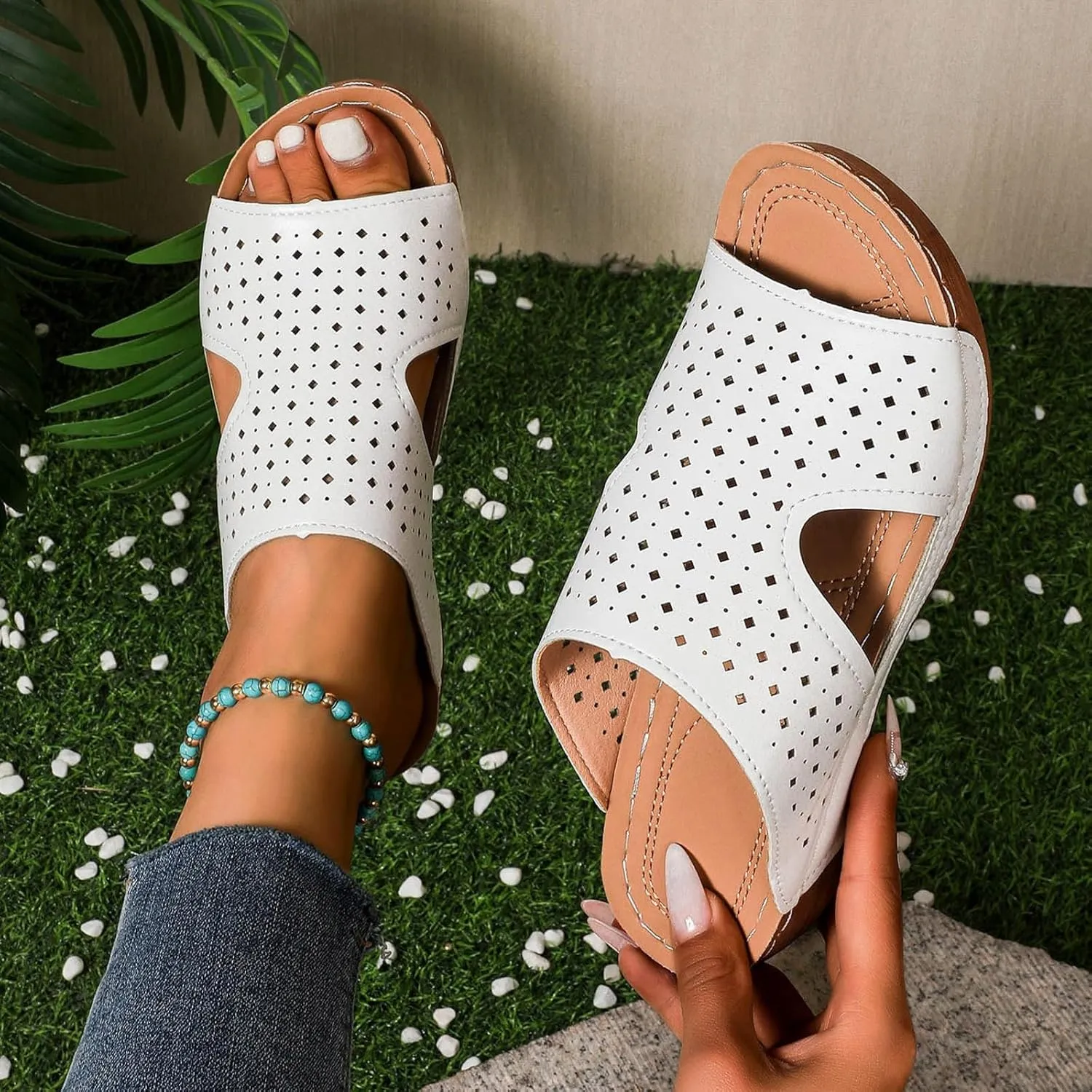 Wide Width Wedge Sandals for Women Orthopedic Peep Toe Hollow Slip On Slides Ladies Low Heel Comfy Cushioned Footbed Arch Support Slides Recovery Mules Casual Shoes for Outdoor Indoor Daily Wear