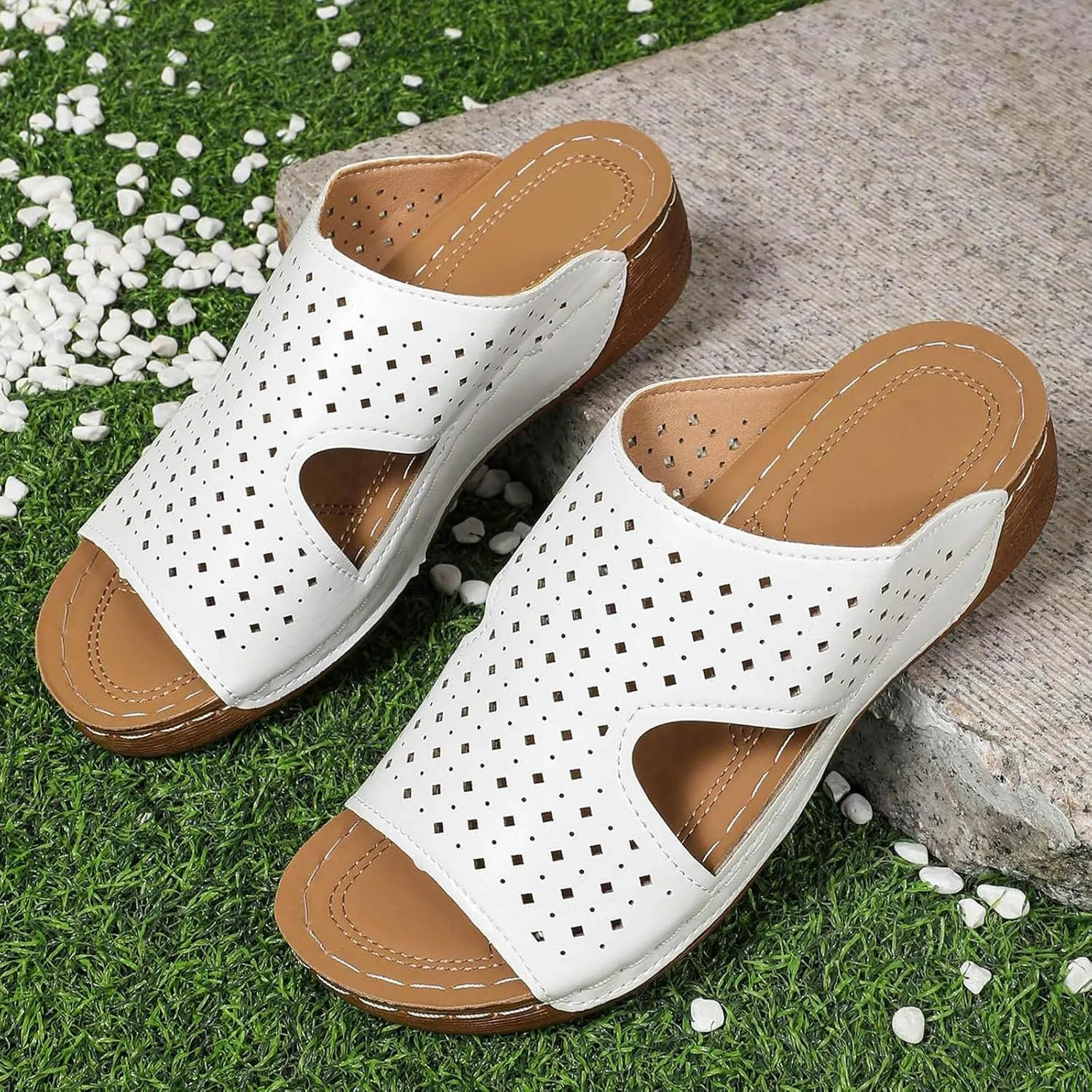 Wide Width Wedge Sandals for Women Orthopedic Peep Toe Hollow Slip On Slides Ladies Low Heel Comfy Cushioned Footbed Arch Support Slides Recovery Mules Casual Shoes for Outdoor Indoor Daily Wear