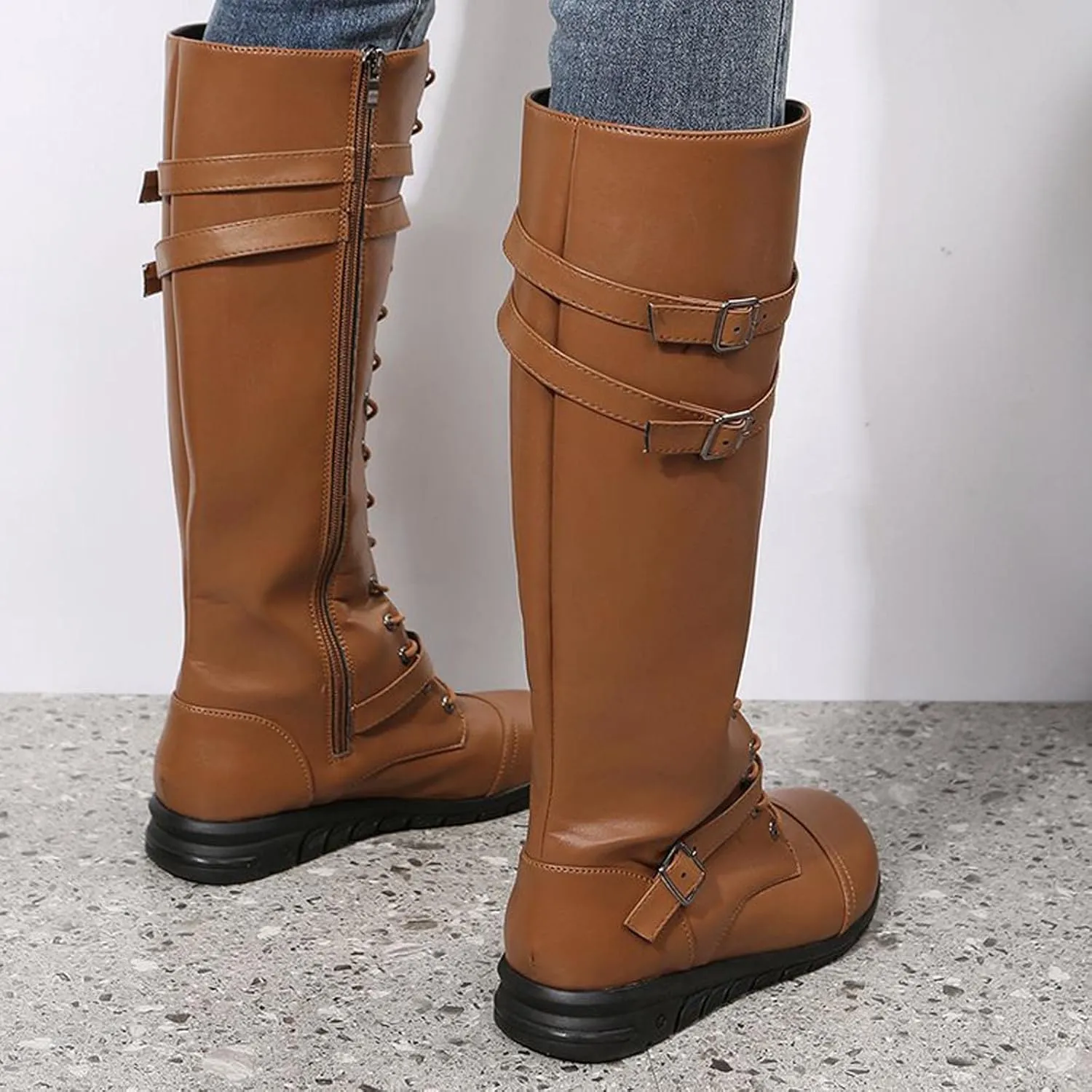 wodceeke Women's Knee High Riding Combat Boots Lace Up Wide Calf Leather Boots Side Zippr Fashion Buckle Boots