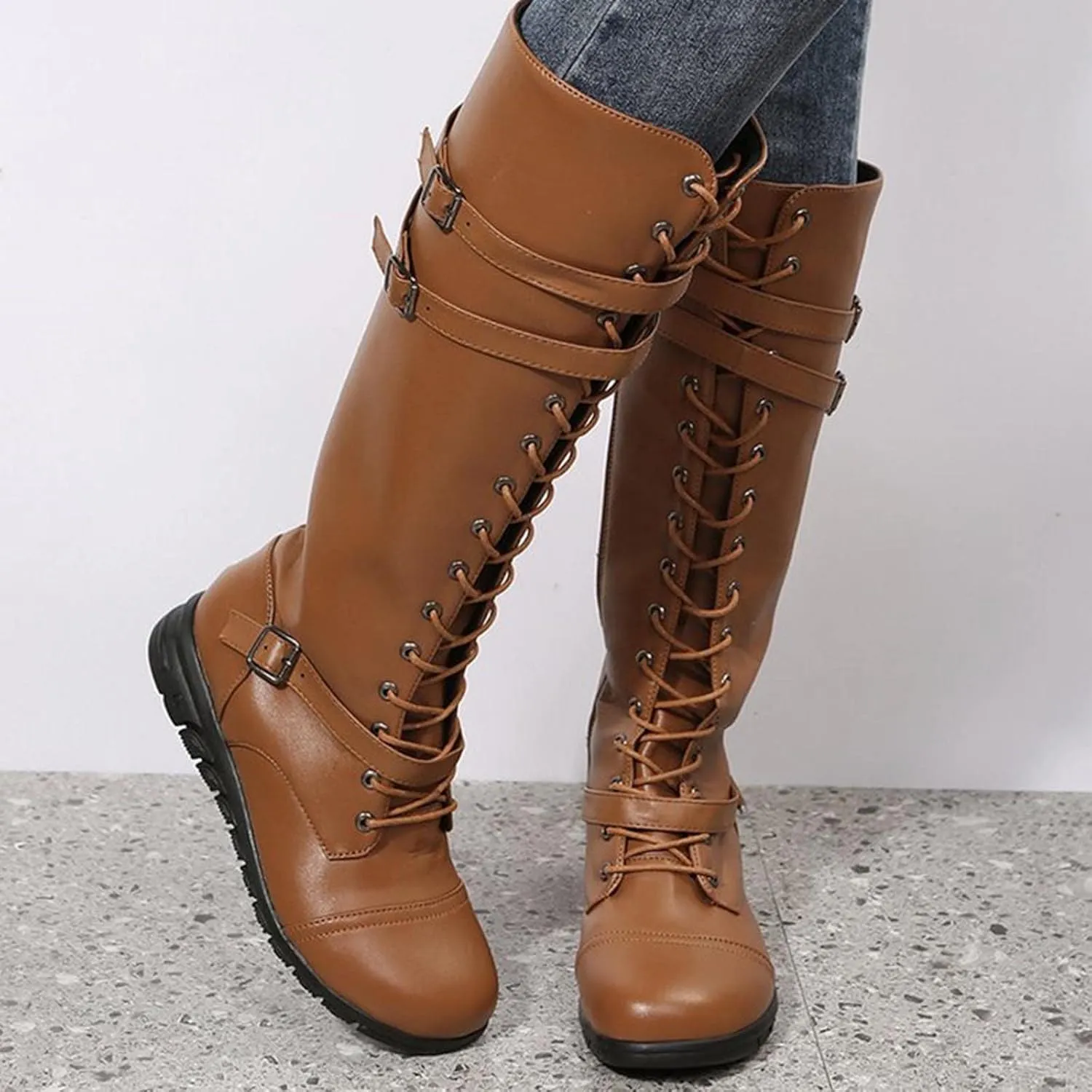 wodceeke Women's Knee High Riding Combat Boots Lace Up Wide Calf Leather Boots Side Zippr Fashion Buckle Boots