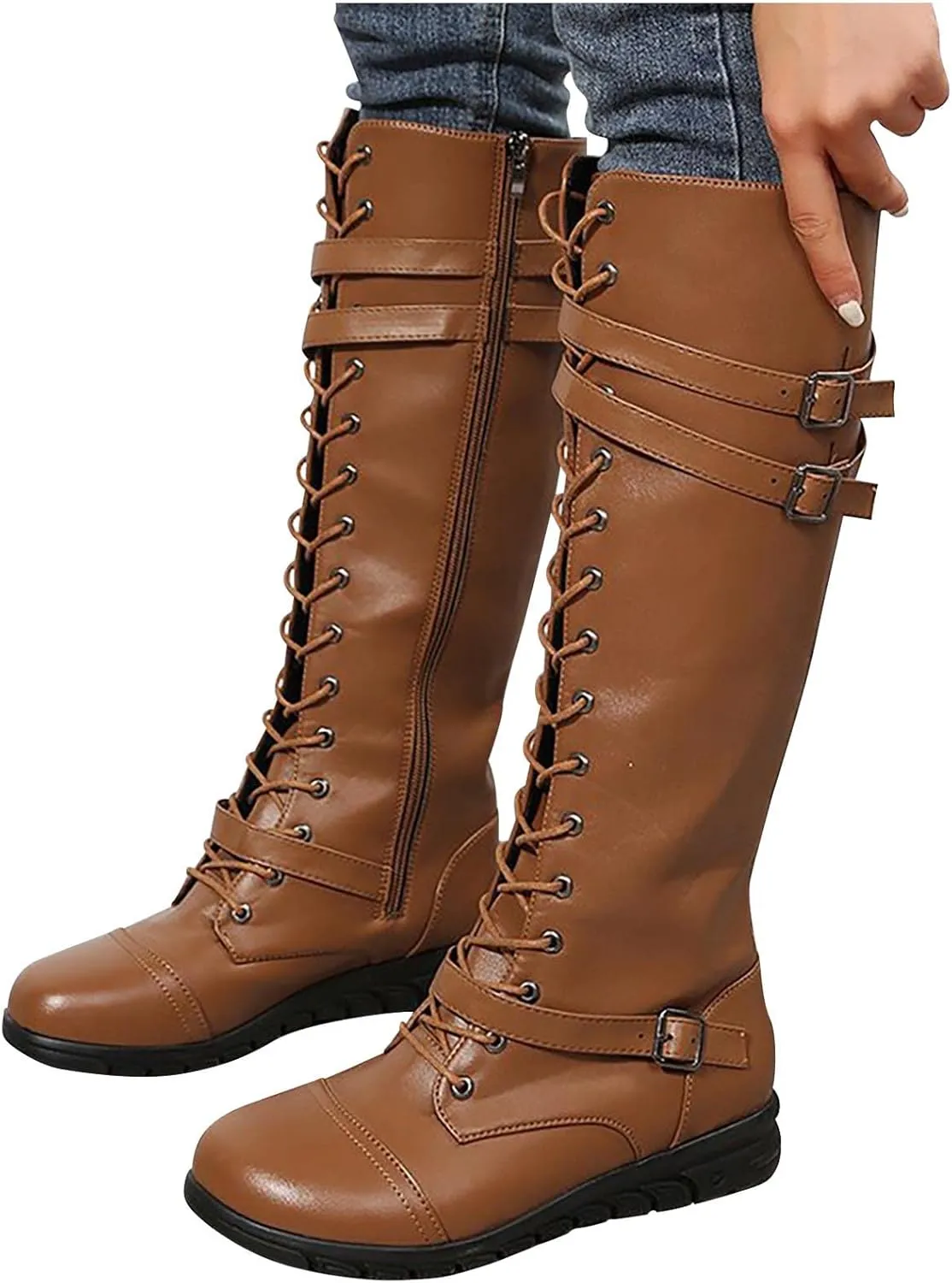 wodceeke Women's Knee High Riding Combat Boots Lace Up Wide Calf Leather Boots Side Zippr Fashion Buckle Boots