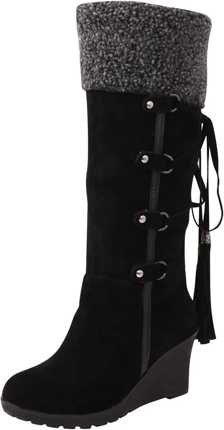 wodceeke Women's Knee High Winter Snow Boots Fur Lined Warm Boots Wedge Heel Wide Width Lace Up Suede Boots