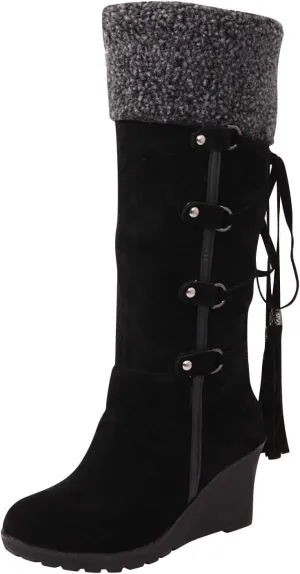 wodceeke Women's Knee High Winter Snow Boots Fur Lined Warm Boots Wedge Heel Wide Width Lace Up Suede Boots