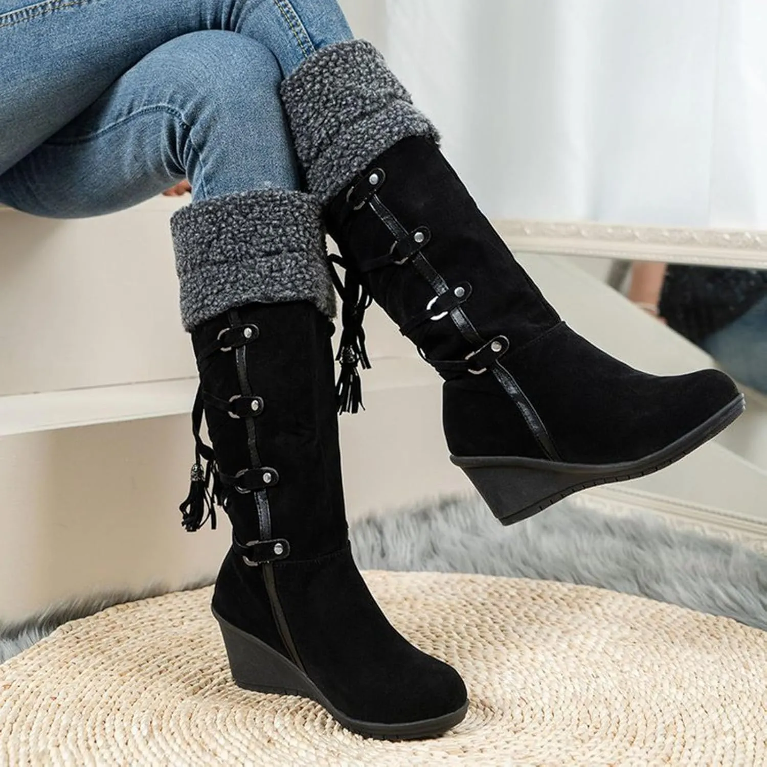 wodceeke Women's Knee High Winter Snow Boots Fur Lined Warm Boots Wedge Heel Wide Width Lace Up Suede Boots