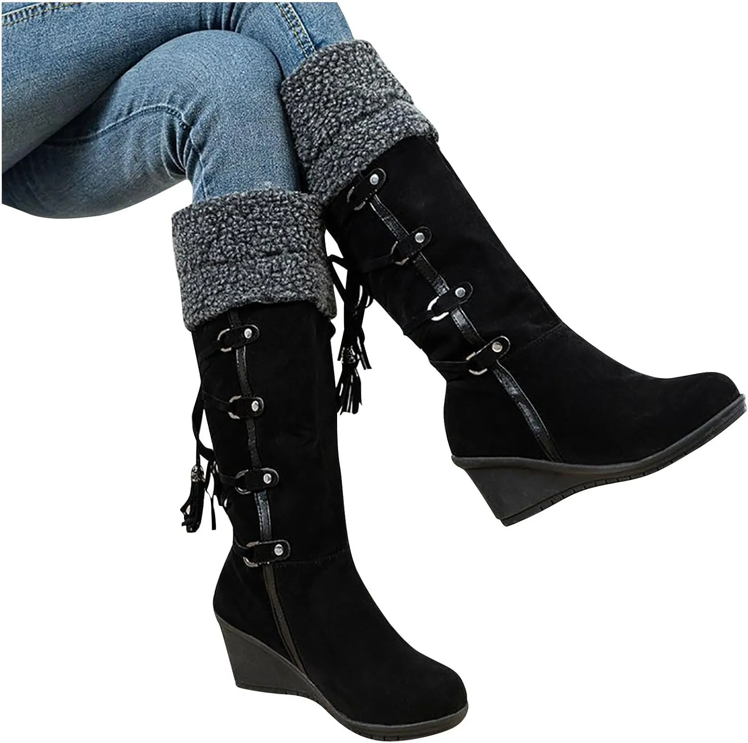 wodceeke Women's Knee High Winter Snow Boots Fur Lined Warm Boots Wedge Heel Wide Width Lace Up Suede Boots