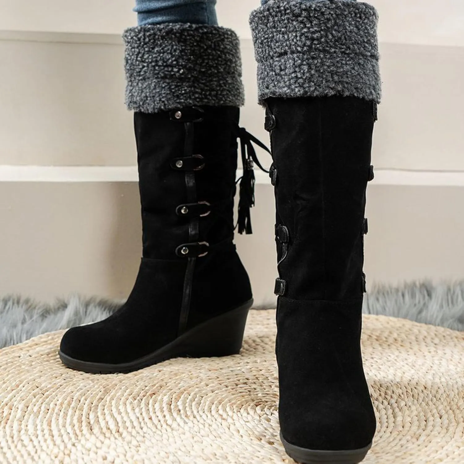 wodceeke Women's Knee High Winter Snow Boots Fur Lined Warm Boots Wedge Heel Wide Width Lace Up Suede Boots