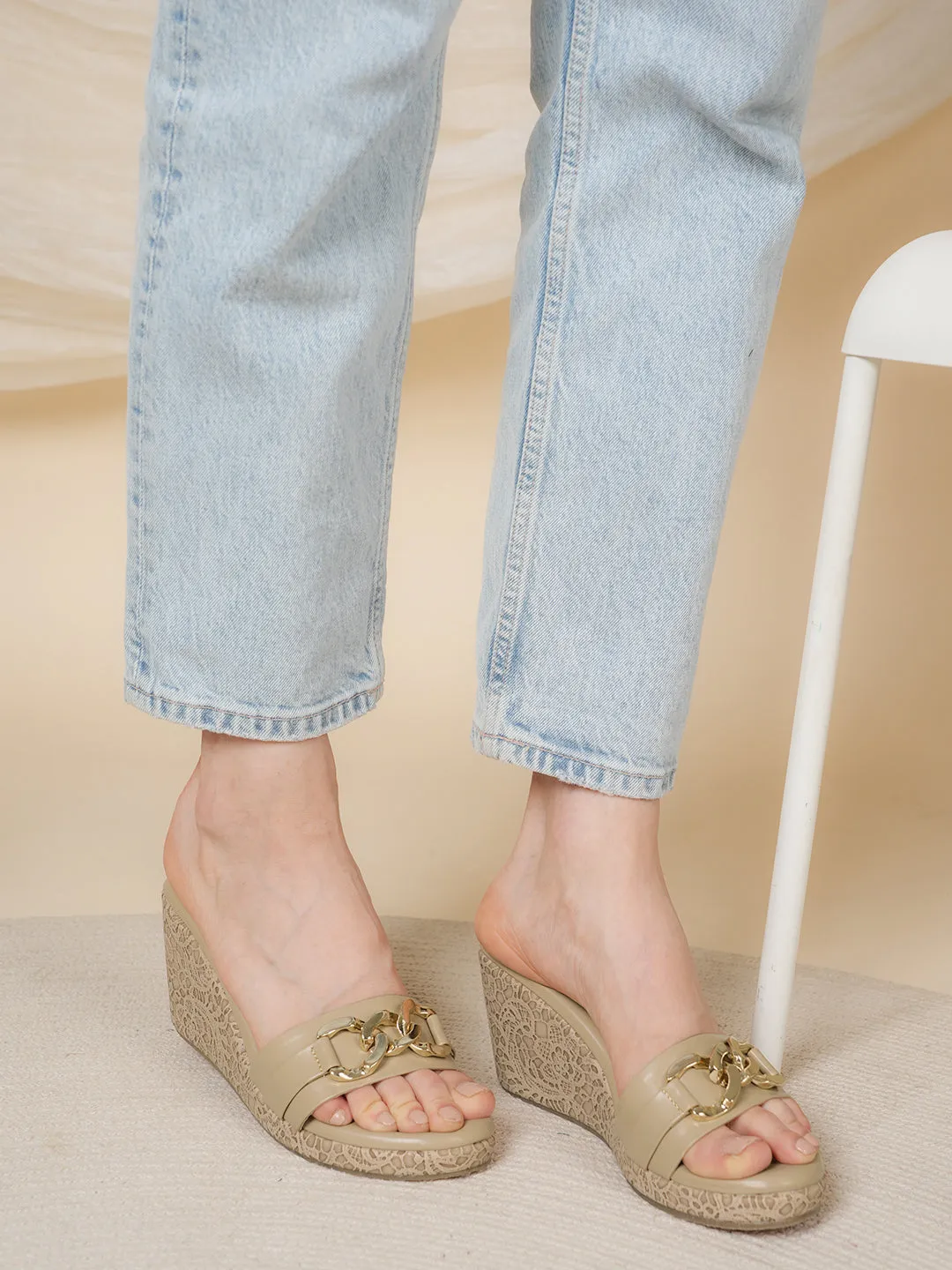 Women Comfortable Beige Wedge Mule