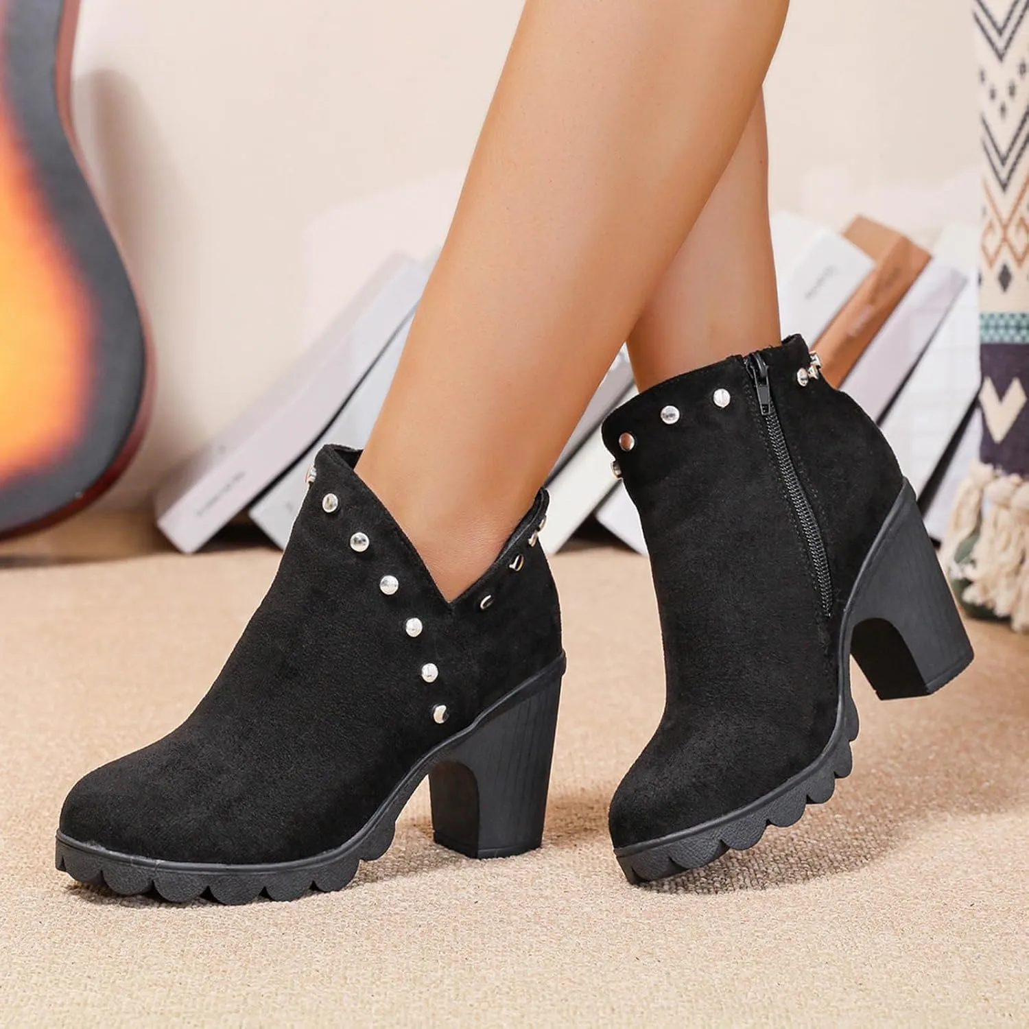 Women Fashion Booties Classic Chelsea Bootie Chunky Mid Heel Rounded Toe Slip On Boots Winter Warm Shoes