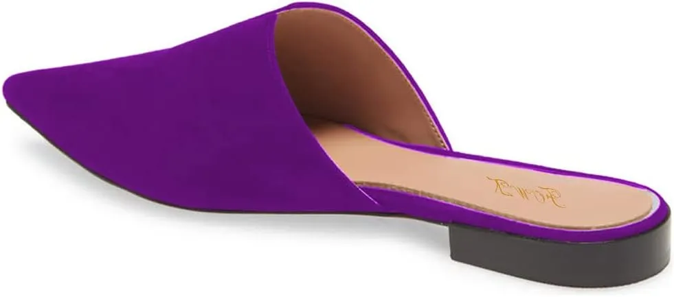 Women Fashion Suede Mules, Sexy Closed Pointed Toe Flat Loafer, Low Heel Backless Mule Sandals, V Cut Lightweight Slip on Walking Shoes for Ladies, Elegant Dress Casual Slippers, Full Size 4-16 M US