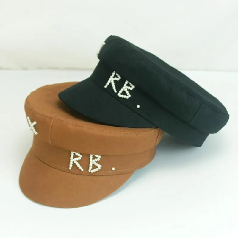 Women RB Letter Militray Hat Fashion Streetwear Navy Hat Adjustable Flat Top Newsboy Caps Casual Visor Hats