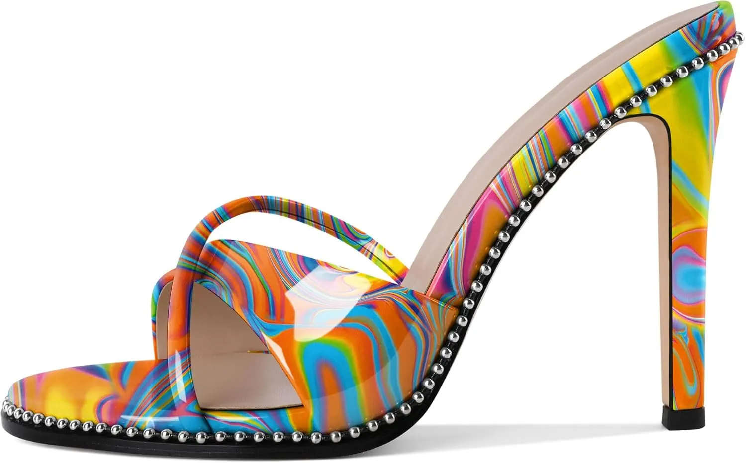 Women Stilettos High Heels Mules Open Round Toe Sandals Slip-on Comfort Sexy Dress Beaded Pumps Sandals Evening Party Prom 4 Inch Heeled Sandals