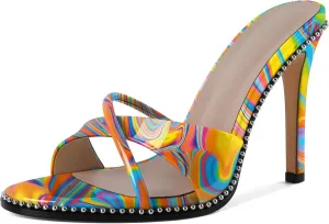 Women Stilettos High Heels Mules Open Round Toe Sandals Slip-on Comfort Sexy Dress Beaded Pumps Sandals Evening Party Prom 4 Inch Heeled Sandals