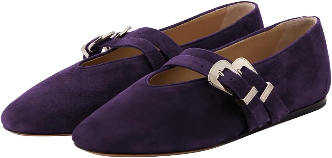 Women Two Strap Buckles Suede Mary Jane Flats Round Toe V Cut Comfy Ballroom Daily Wear Casual Shoes Size 4-16 US