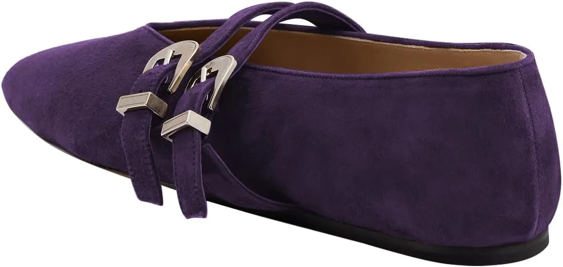 Women Two Strap Buckles Suede Mary Jane Flats Round Toe V Cut Comfy Ballroom Daily Wear Casual Shoes Size 4-16 US