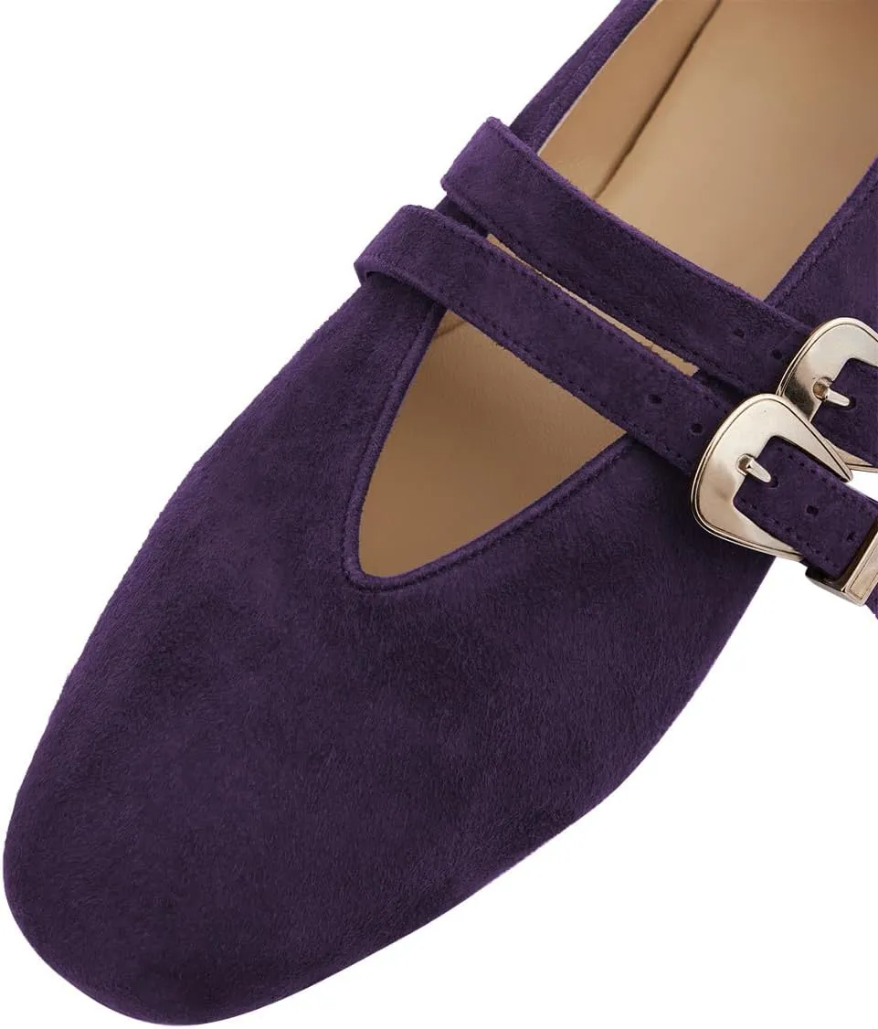 Women Two Strap Buckles Suede Mary Jane Flats Round Toe V Cut Comfy Ballroom Daily Wear Casual Shoes Size 4-16 US