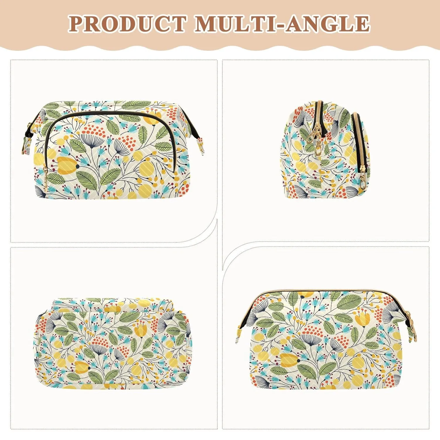 Women Wave Quilt Cosmetic Bag, Zipper Toiletry Storage 10.2x5.9x6.7 in, Pouch Handbag Makeup Case Purse Holder Organizer Print Elegant Seamless Flowers Yellow Green Blue Black
