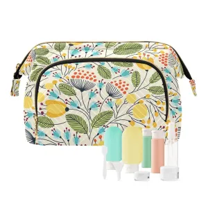 Women Wave Quilt Cosmetic Bag, Zipper Toiletry Storage 10.2x5.9x6.7 in, Pouch Handbag Makeup Case Purse Holder Organizer Print Elegant Seamless Flowers Yellow Green Blue Black