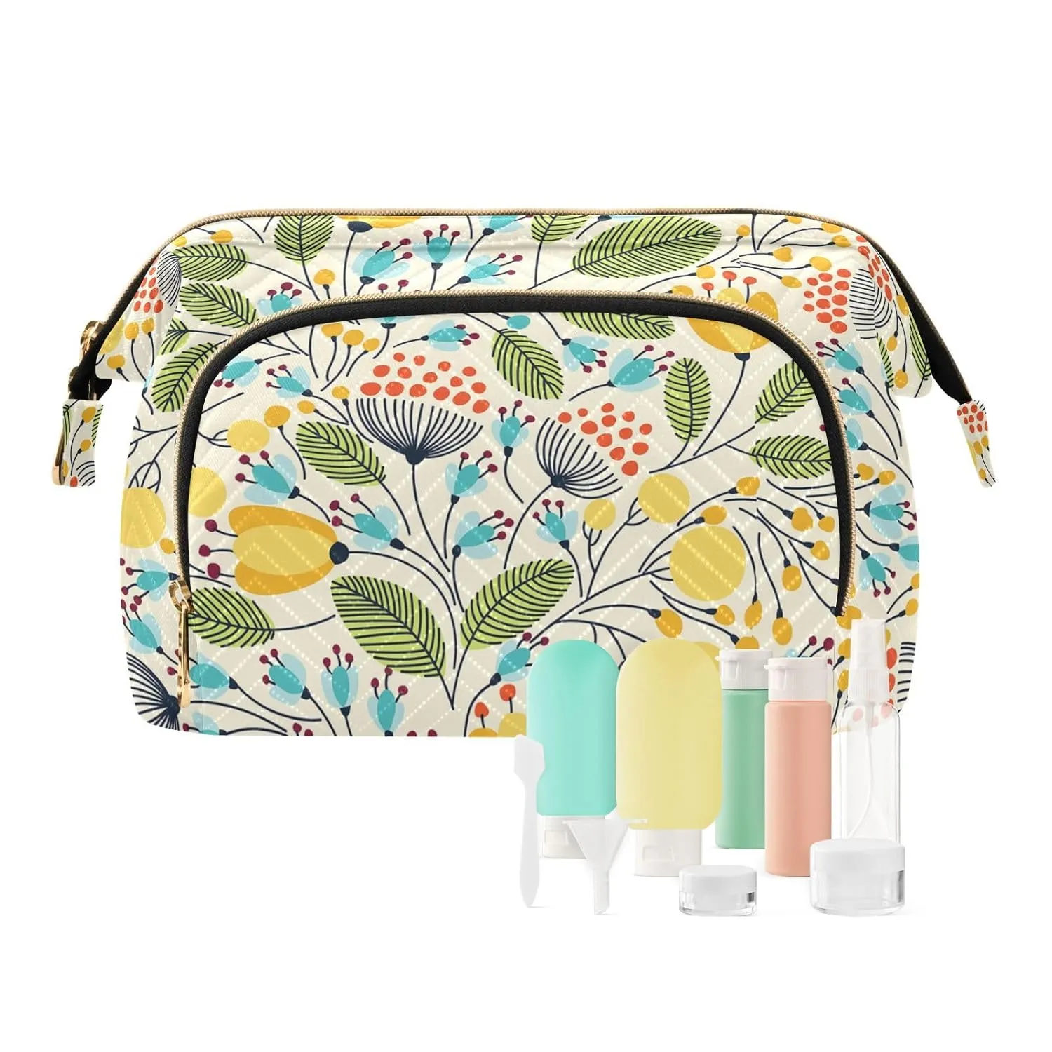 Women Wave Quilt Cosmetic Bag, Zipper Toiletry Storage 10.2x5.9x6.7 in, Pouch Handbag Makeup Case Purse Holder Organizer Print Elegant Seamless Flowers Yellow Green Blue Black