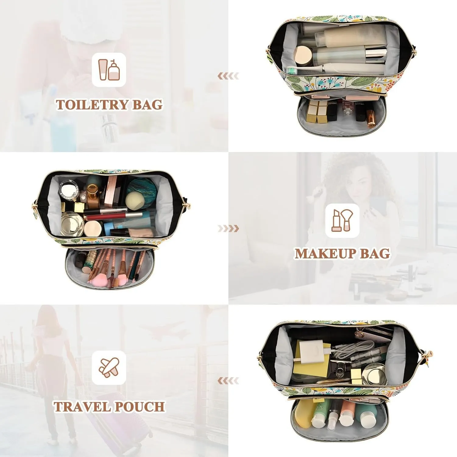 Women Wave Quilt Cosmetic Bag, Zipper Toiletry Storage 10.2x5.9x6.7 in, Pouch Handbag Makeup Case Purse Holder Organizer Print Elegant Seamless Flowers Yellow Green Blue Black