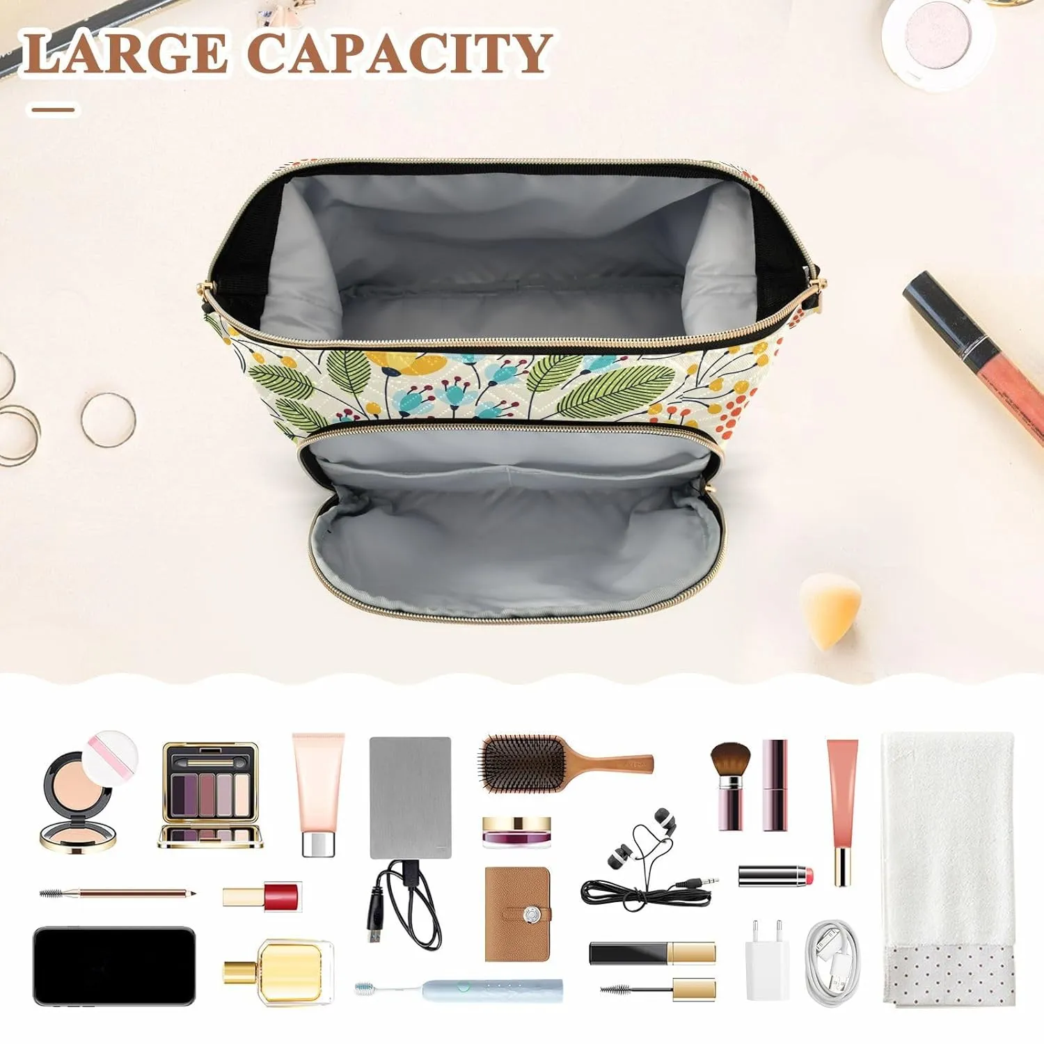 Women Wave Quilt Cosmetic Bag, Zipper Toiletry Storage 10.2x5.9x6.7 in, Pouch Handbag Makeup Case Purse Holder Organizer Print Elegant Seamless Flowers Yellow Green Blue Black