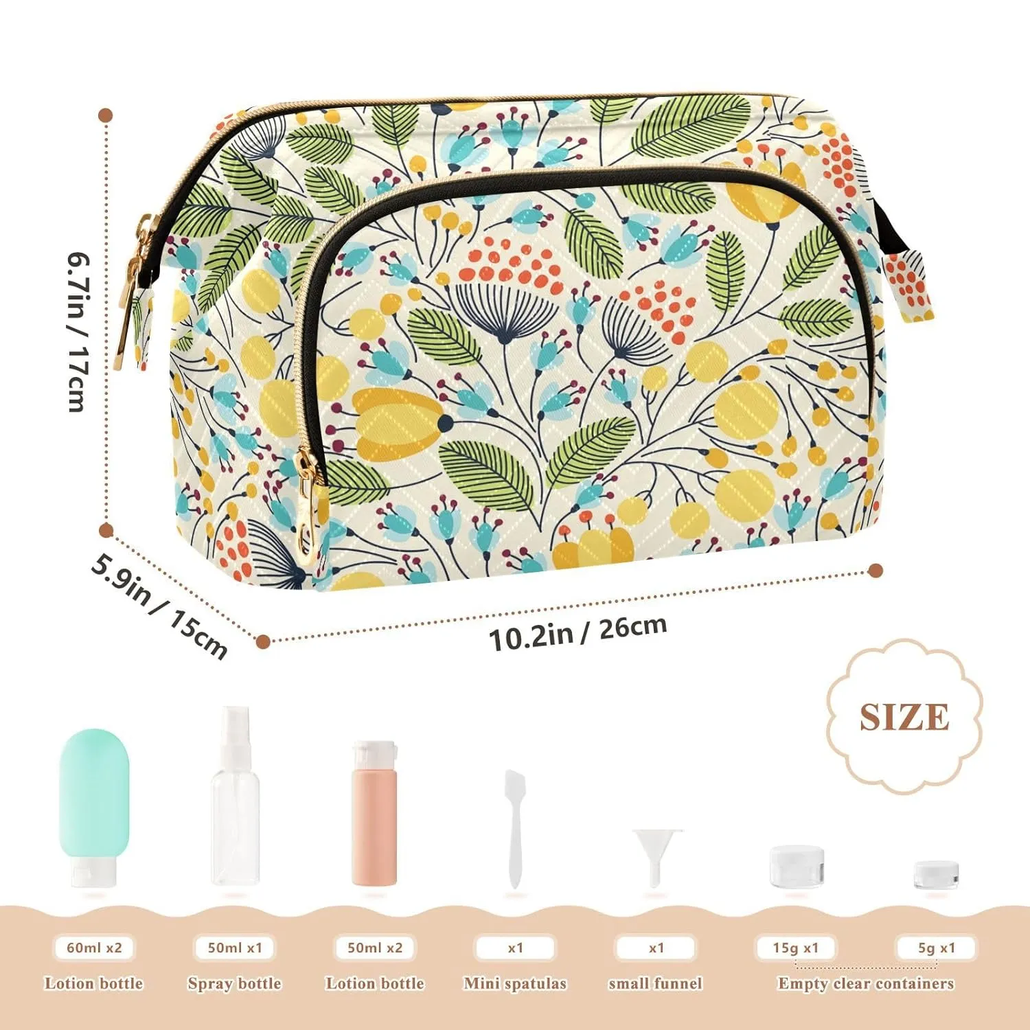 Women Wave Quilt Cosmetic Bag, Zipper Toiletry Storage 10.2x5.9x6.7 in, Pouch Handbag Makeup Case Purse Holder Organizer Print Elegant Seamless Flowers Yellow Green Blue Black