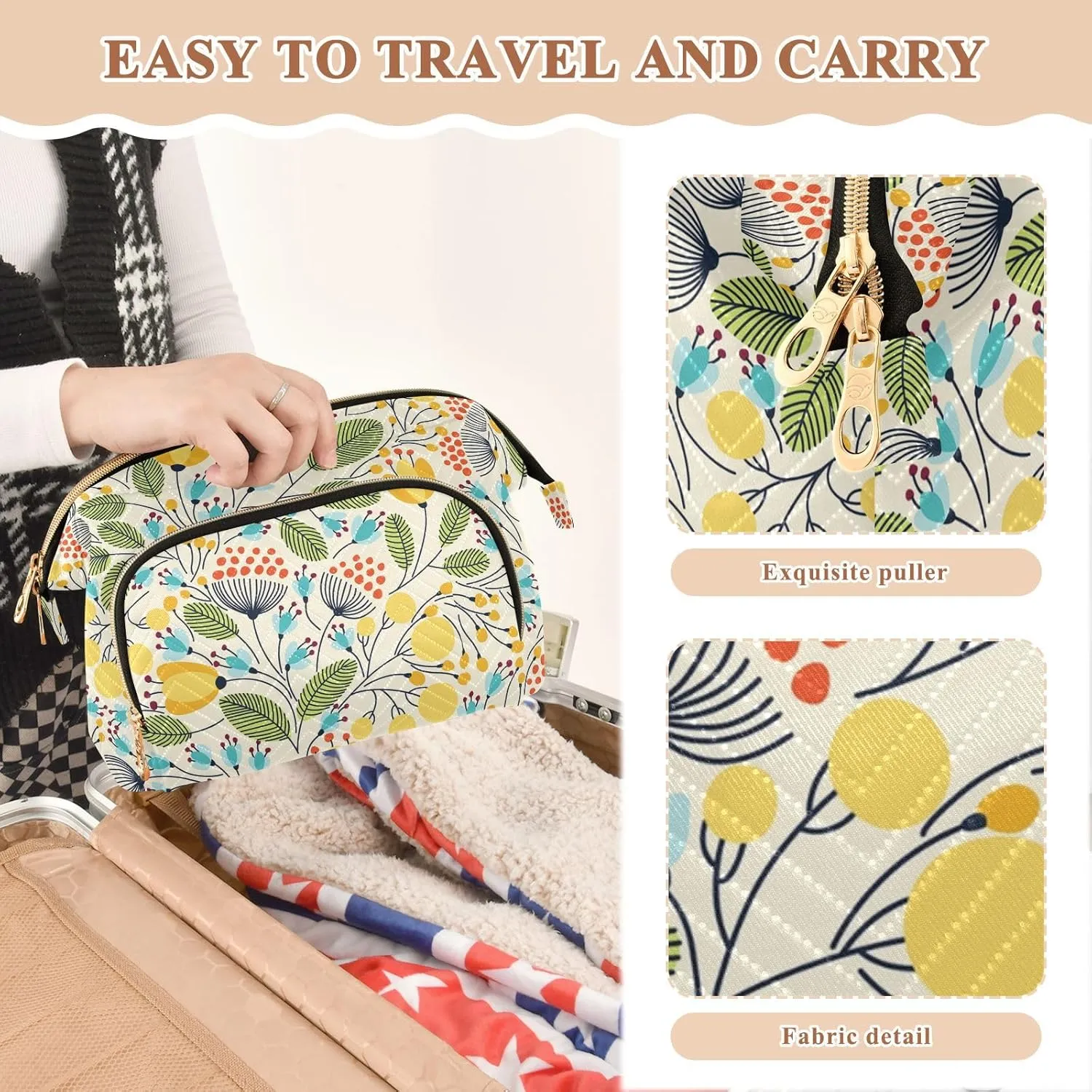 Women Wave Quilt Cosmetic Bag, Zipper Toiletry Storage 10.2x5.9x6.7 in, Pouch Handbag Makeup Case Purse Holder Organizer Print Elegant Seamless Flowers Yellow Green Blue Black