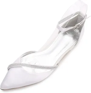 Womens Ballet Flats Pointed Toe Ankle Strap Buckle Satin Low Heel Flat Party Evening Ballerina Dance Shoes