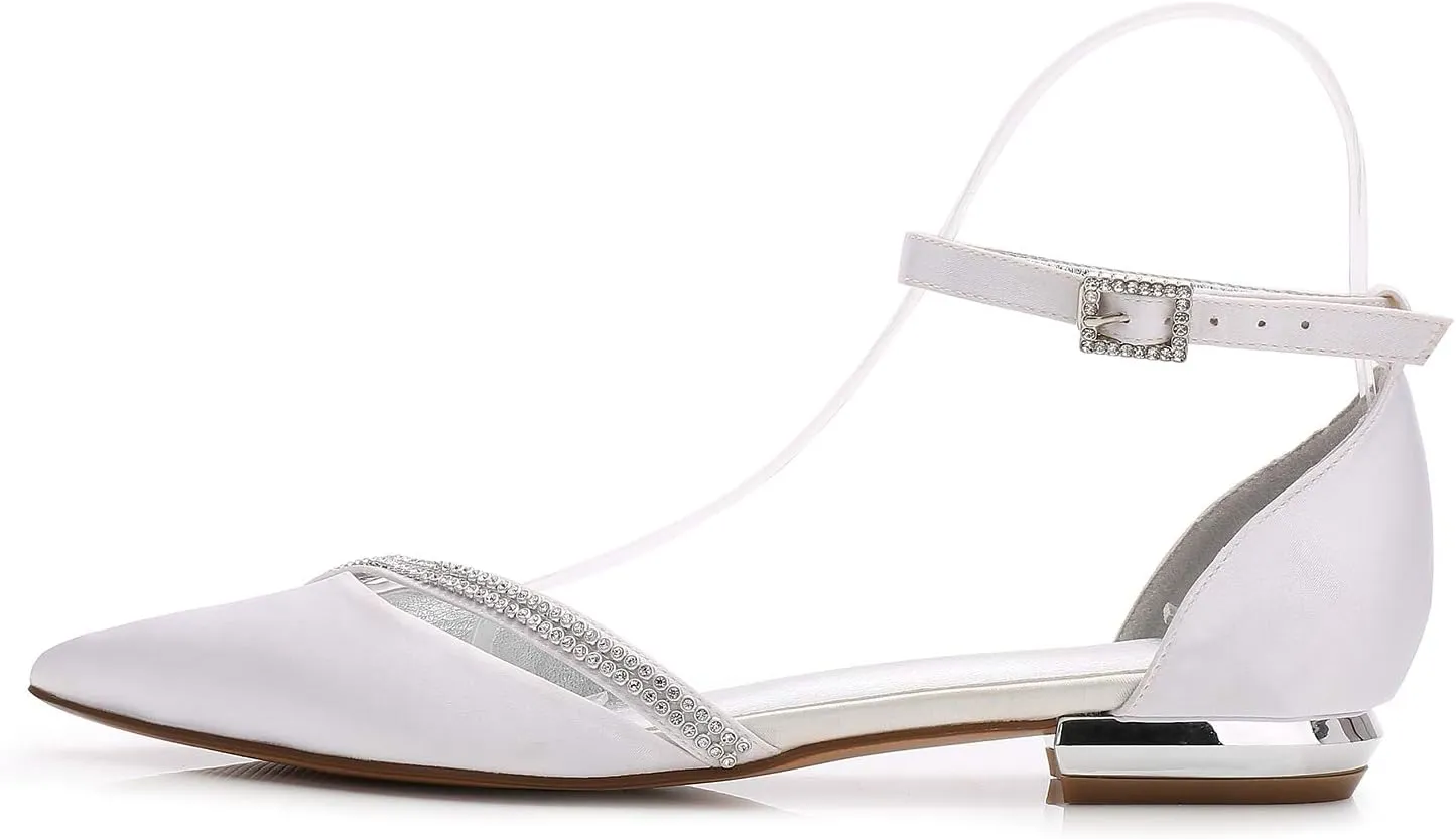 Womens Ballet Flats Pointed Toe Ankle Strap Buckle Satin Low Heel Flat Party Evening Ballerina Dance Shoes