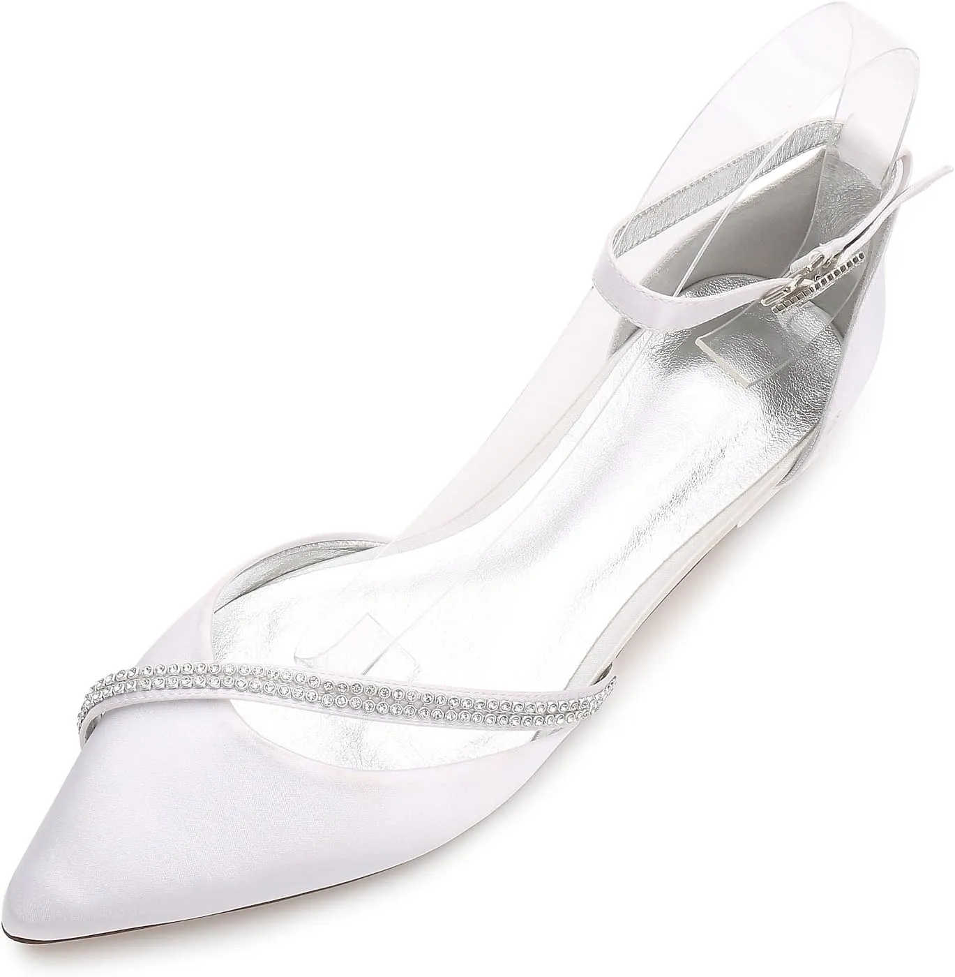 Womens Ballet Flats Pointed Toe Ankle Strap Buckle Satin Low Heel Flat Party Evening Ballerina Dance Shoes