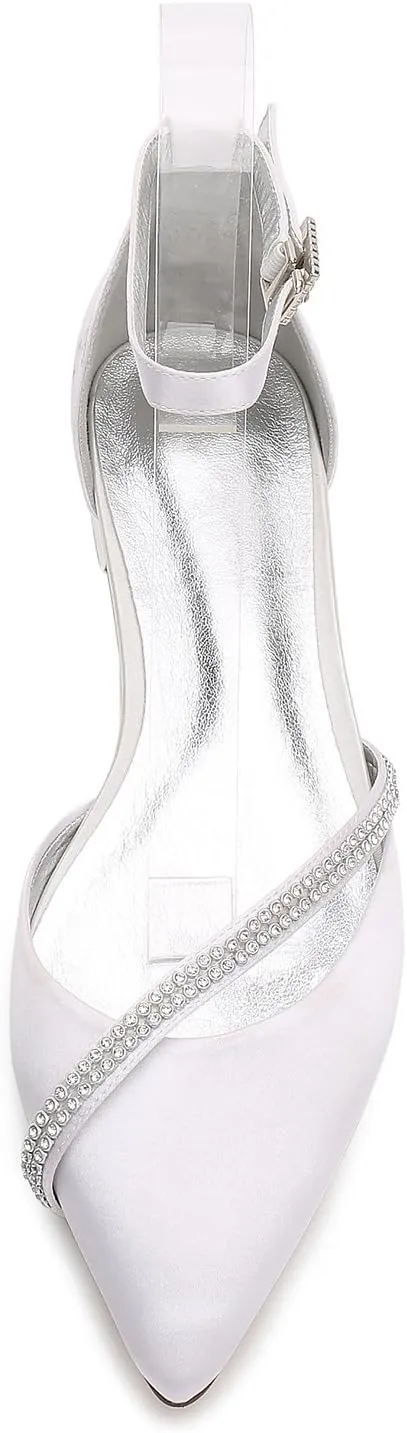 Womens Ballet Flats Pointed Toe Ankle Strap Buckle Satin Low Heel Flat Party Evening Ballerina Dance Shoes