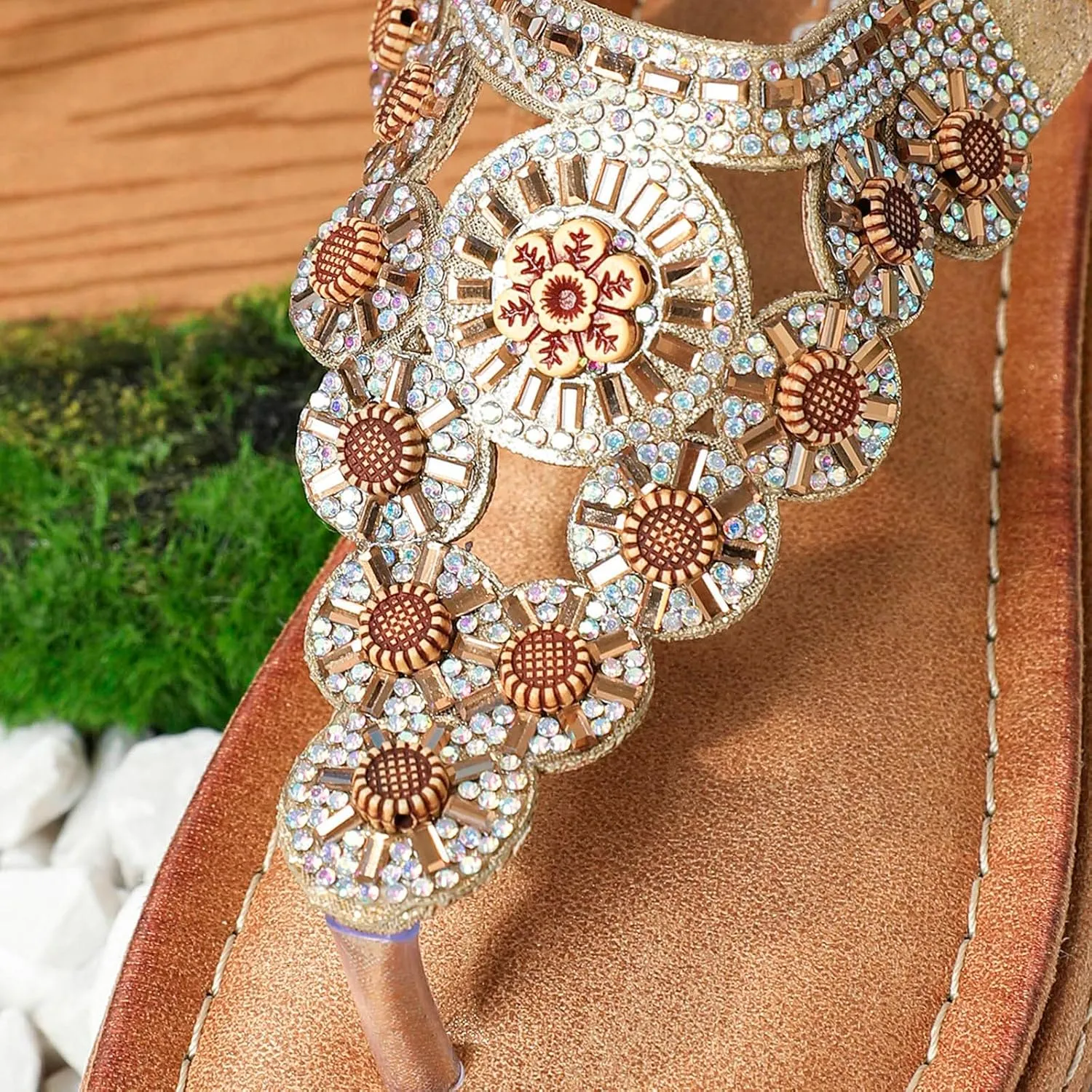 Womens Bohemian Summer Sandals,Casual Beaded Jeweled Sandal,Rhinestone Flower Elastic Ankle Strap Flat Sandals for Beach Pool