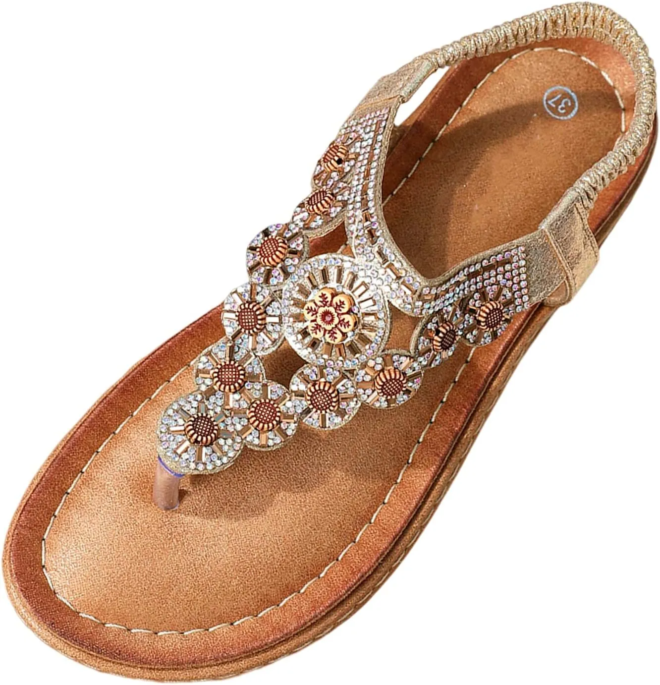 Womens Bohemian Summer Sandals,Casual Beaded Jeweled Sandal,Rhinestone Flower Elastic Ankle Strap Flat Sandals for Beach Pool