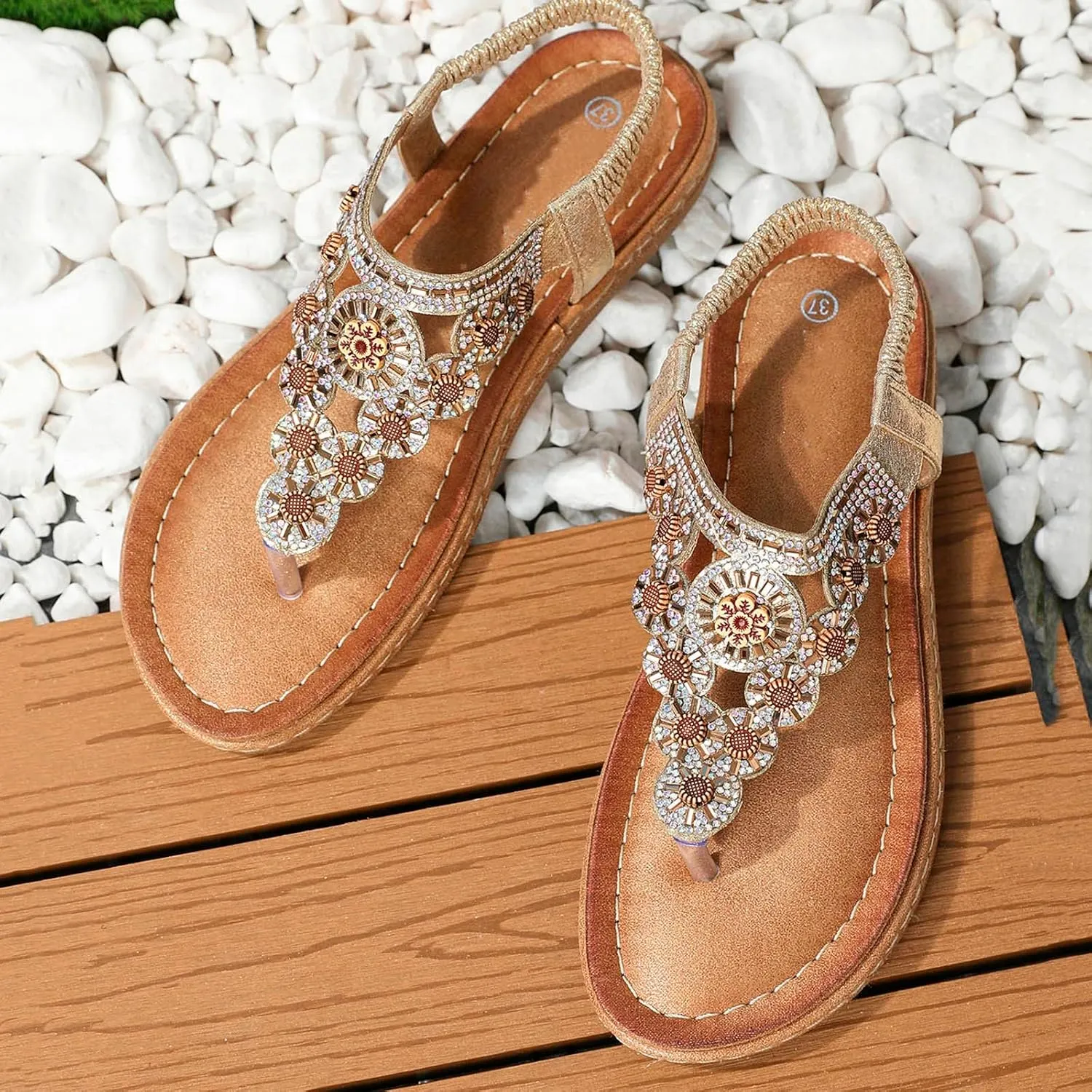 Womens Bohemian Summer Sandals,Casual Beaded Jeweled Sandal,Rhinestone Flower Elastic Ankle Strap Flat Sandals for Beach Pool