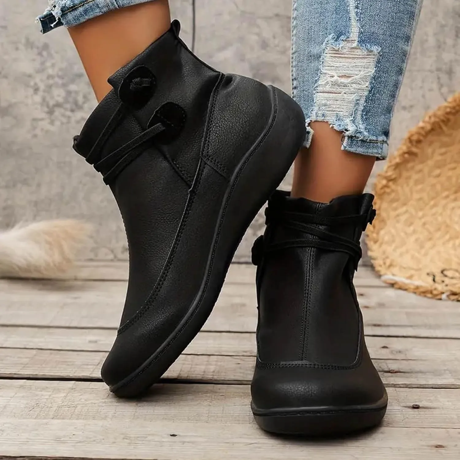 Womens Boots Fall Ankle Boots for Women Low Heel Vintage Slip On Flat 2024 Arch Support Boots Retro Ankle Booties