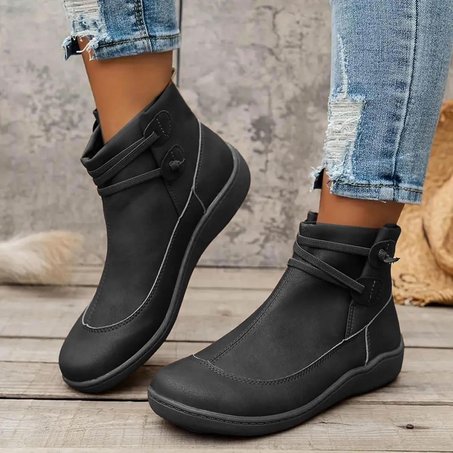 Womens Boots Fall Ankle Boots for Women Low Heel Vintage Slip On Flat 2024 Arch Support Boots Retro Ankle Booties