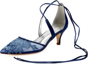 Womens Bridal Shoes Satin Lace Wedding Bridal Bridesmaid Pumps Shoes Pointed Toe Wedding Shoes for Bride Ankle Strap Party Pumps Shoes