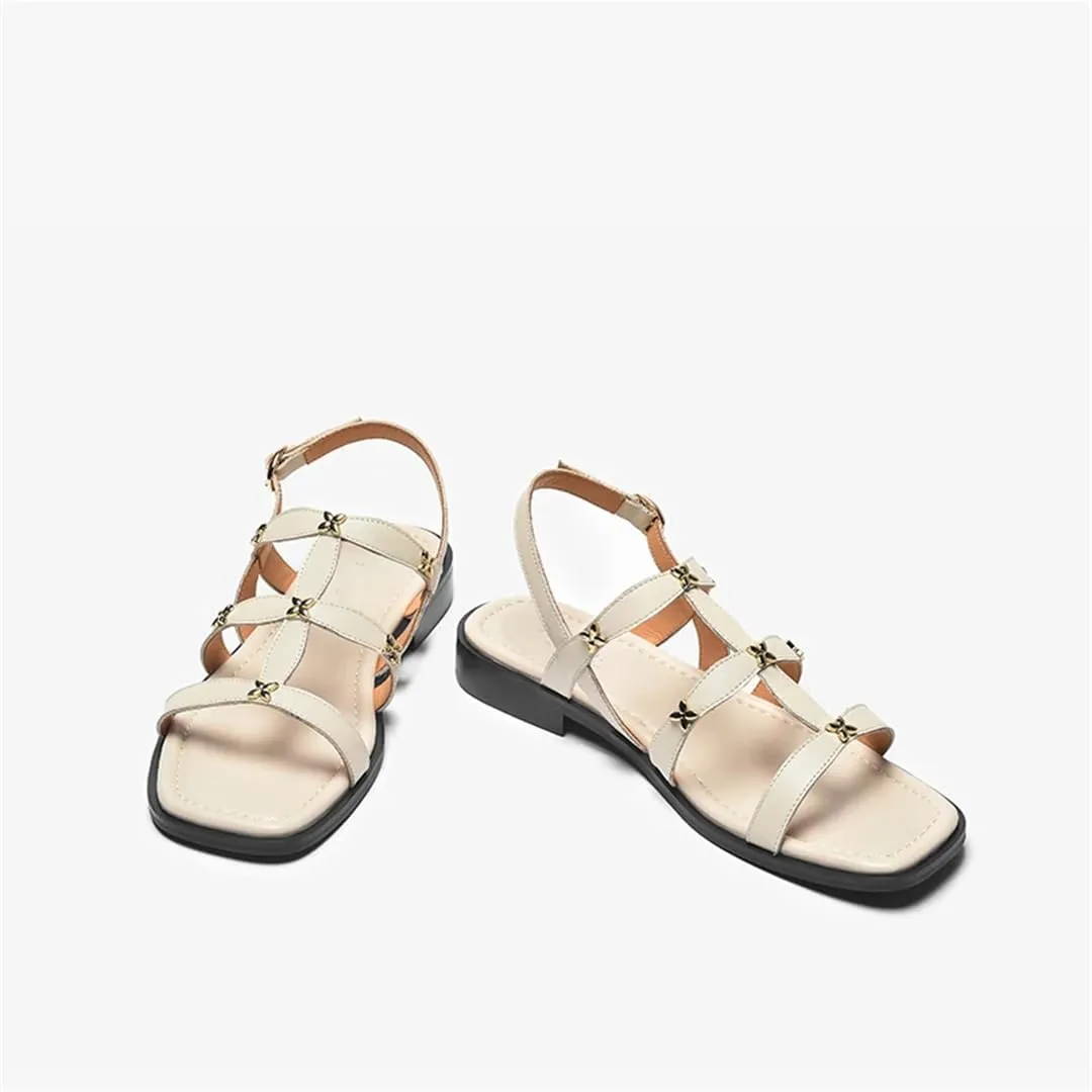 Womens Buckle Strap Ankle Strap Flat Heel Open Side Vamp Ankle Strap Sandals Genuine Leather Silver Thin Summer Sandals