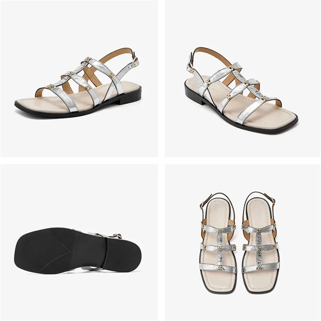 Womens Buckle Strap Ankle Strap Flat Heel Open Side Vamp Ankle Strap Sandals Genuine Leather Silver Thin Summer Sandals