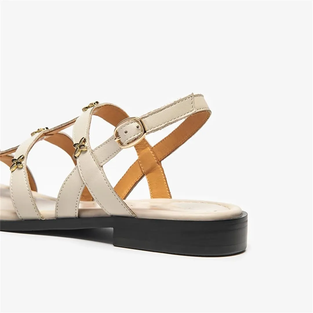 Womens Buckle Strap Ankle Strap Flat Heel Open Side Vamp Ankle Strap Sandals Genuine Leather Silver Thin Summer Sandals