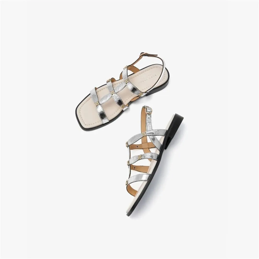 Womens Buckle Strap Ankle Strap Flat Heel Open Side Vamp Ankle Strap Sandals Genuine Leather Silver Thin Summer Sandals